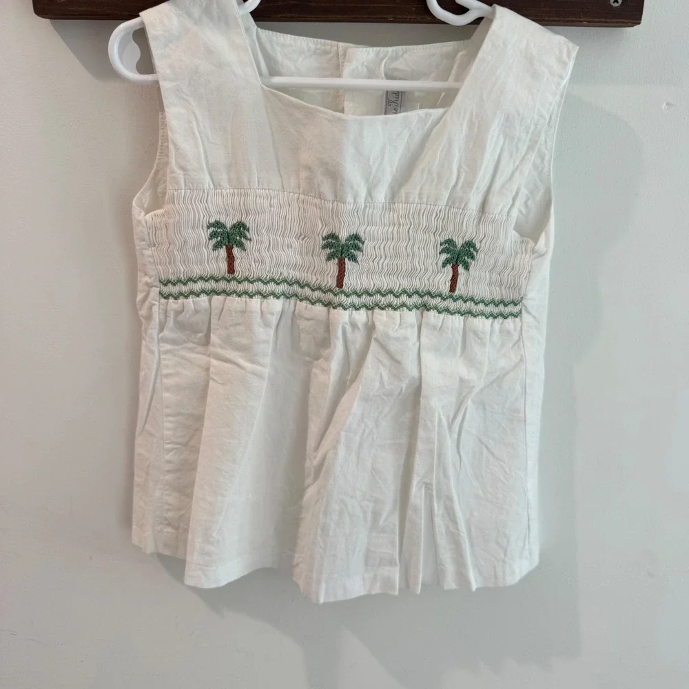 Fantaisie Kids White Cotton‎ Smocked Palm Tree Top and Pants Set Girls Size 6